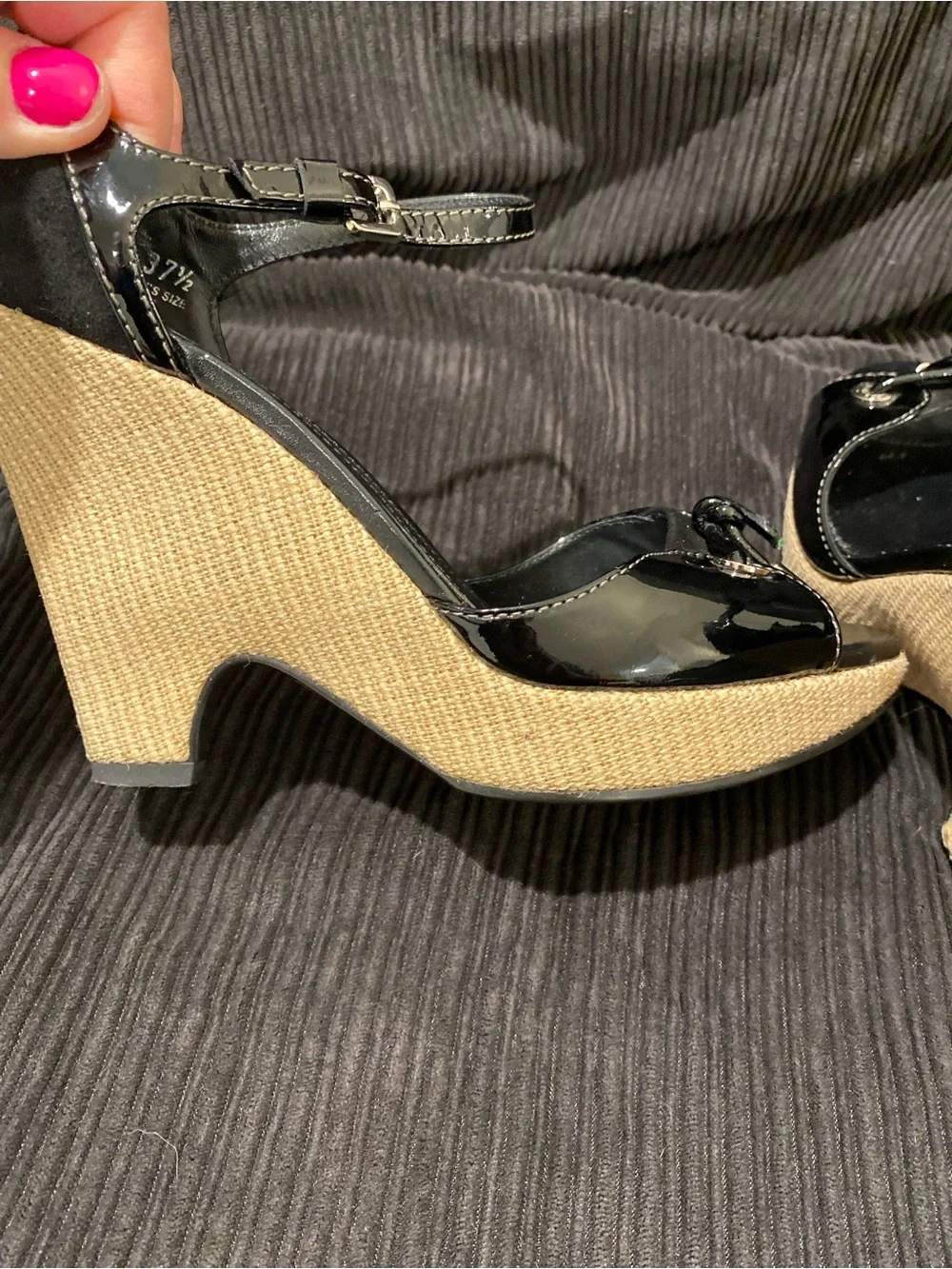Tod's Black Patent Leather Wedge Sandals with Natural Woven Heel